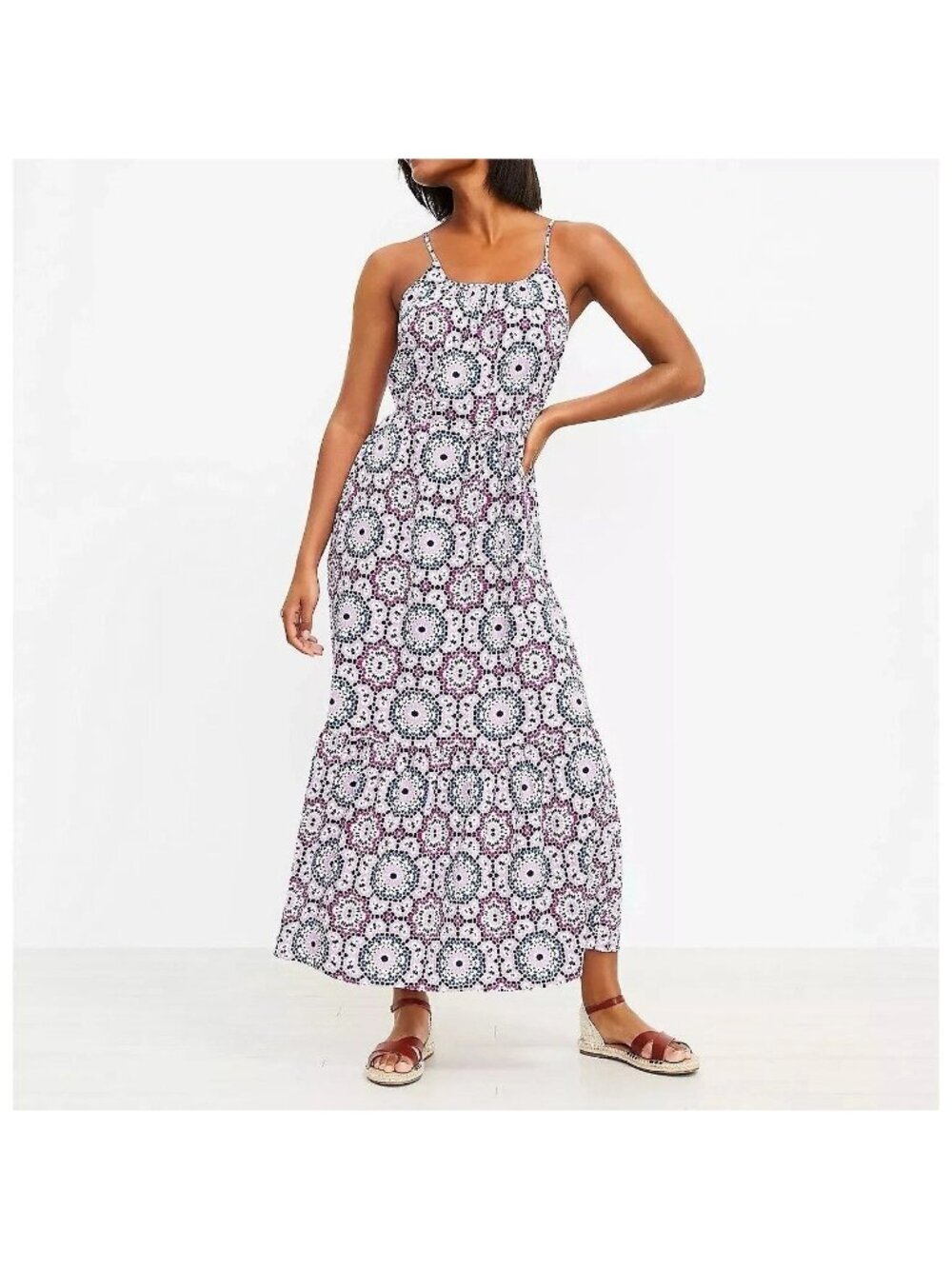 NWT LOFT Purple Geo Strappy Flounce Linen Viscose Maxi Dress Women Size M $110